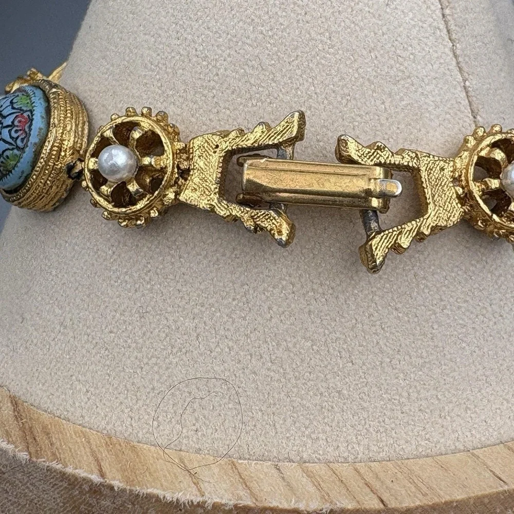 Vintage Renaissance LInk Bracelet Molded Glass Faux Pearl Moroccan